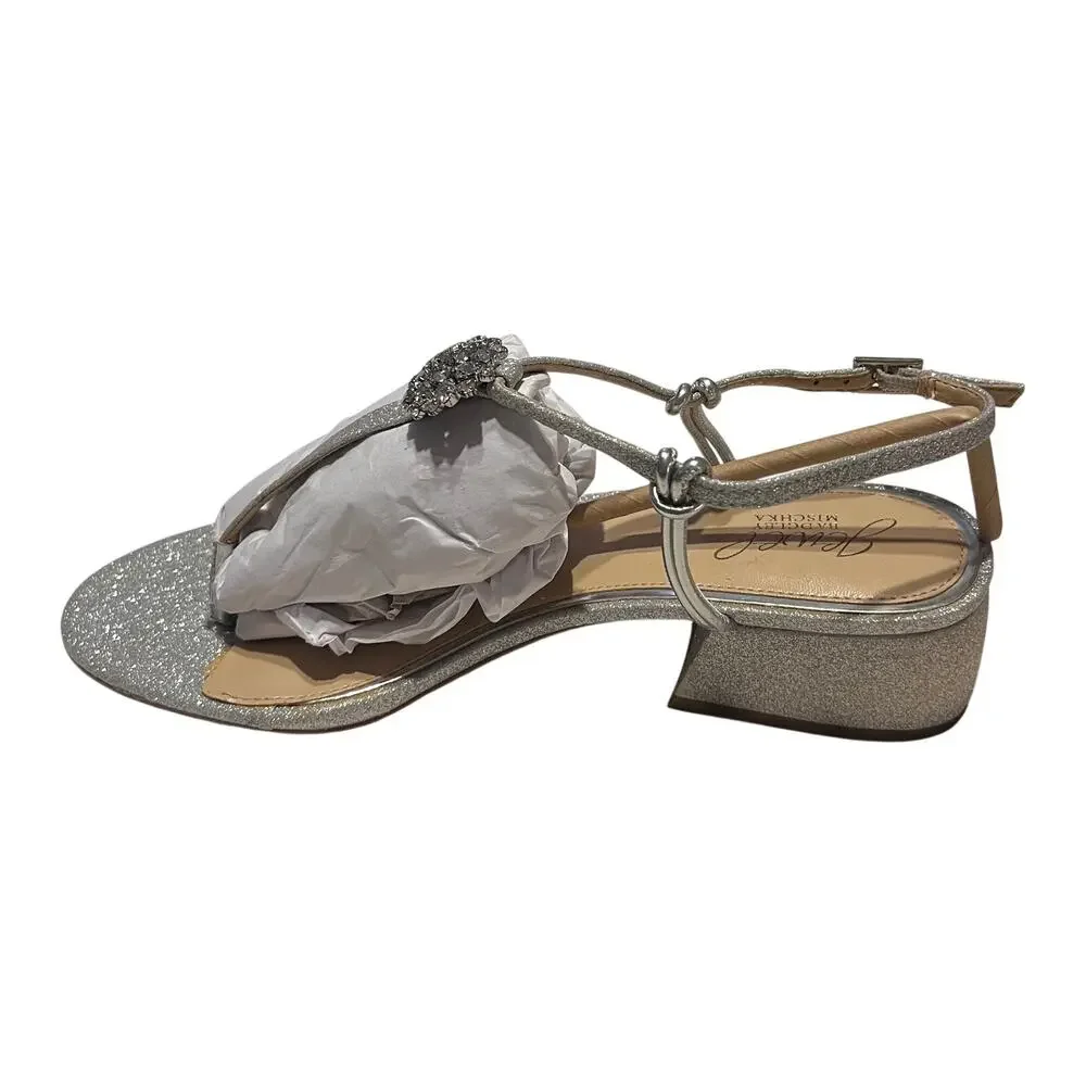 Jewel Badgley Mischka Lizette Silver Glitter Block Heel Sandals Size 9 NWOB